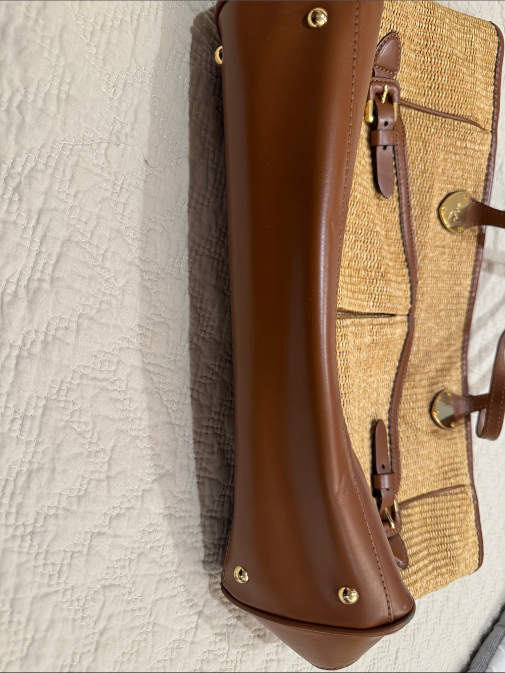 Lauren Ralph Lauren Tan Woven Straw Tote with Brown Leather Trim - Picture 5 of 17